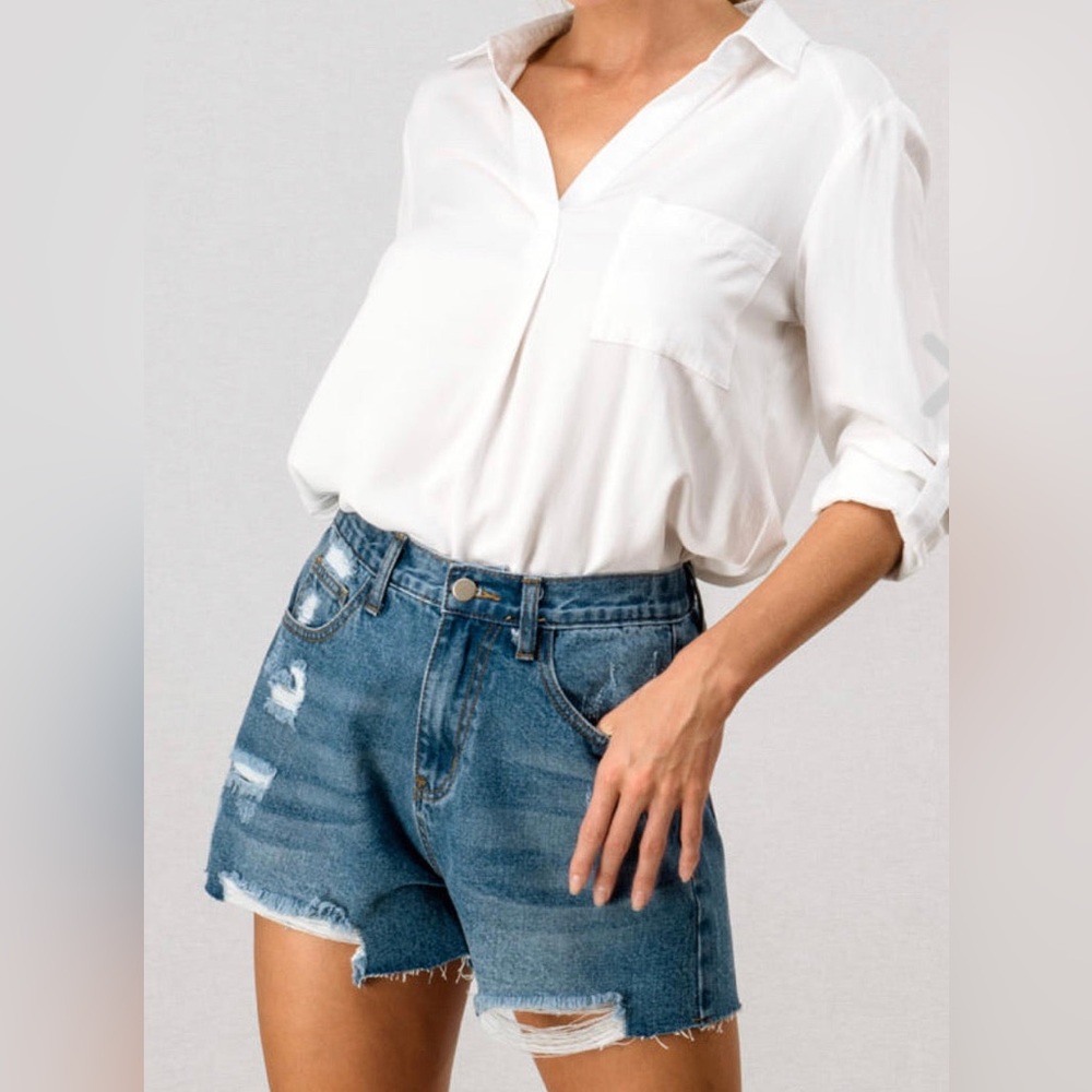 Distressed Denim Jean Shorts with Elastic Waist